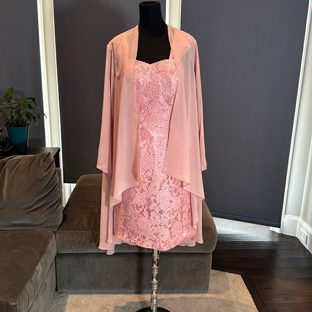 Women’s Tea Length Pink Formal Dress Corset Matching Chiffon Jacket Size 12 NWT